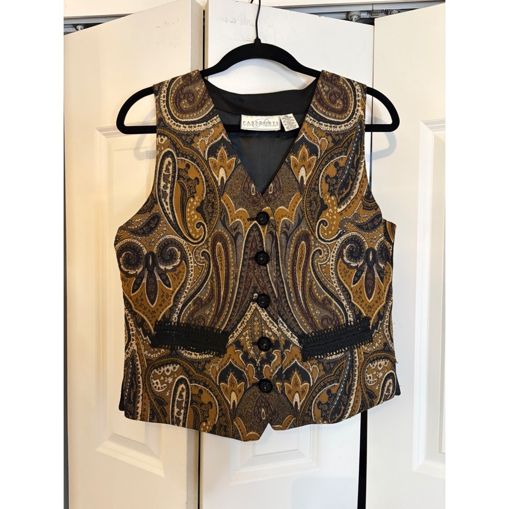 Passports by Pier 1 Imports Metallic Paisley Brocade Vest Gold Black‎ Size M